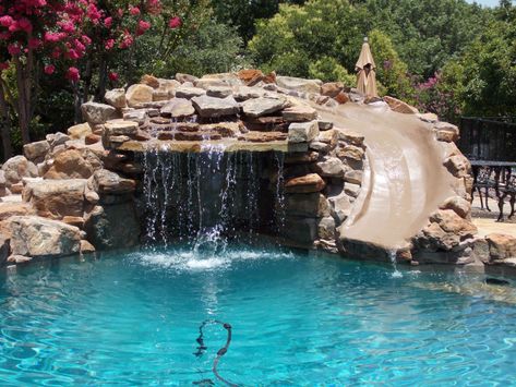 Before & After - Modern - Pool - Dallas - by Premier Pools & Spas - Dallas | Houzz NZ Pool With Water Slide, Pool With Slide And Jumping Rock, Rock Slide Pool, Modern Pool With Slide, Fancy Pools, Pool Grotto, Enclosed Pool, Backyard Pool And Spa, Pool With Slide