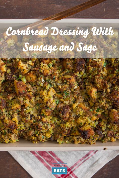 Southern-style cornbread dressing with sausage and sage. Southern Style Cornbread Dressing, Cornbread Dressing With Sausage, Dressing With Sausage, Soul Food Cornbread Dressing, Sausage Dressing, Stuffing With Sausage, Homemade Cornbread Dressing, Dressing Stuffing, Cornbread Dressing With Chicken