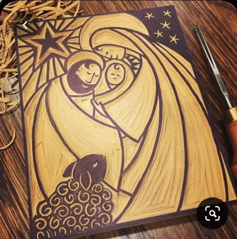 Xmas Linocut, Christian Christmas Art, Holy Family Art, Linoleum Printmaking, Nativity Art, Holy Family Christmas, Diy Stamps, Print Christmas Card, Linoleum Print