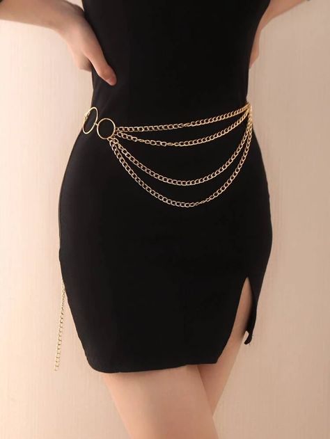 Black Dress Gold Belt, Chain Belts For Women, Gold Belts For Dresses, Dress With Chain Belt, Black Dress Outfit Casual, Chain Skirt, Gold Chain Belt, Man Dressing Style, Gold Belt