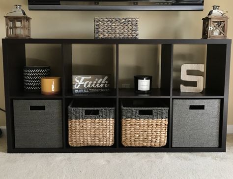 Black Cube Organizer With Baskets, Black Storage Cubes, Cube Storage Under Tv, 8 Cube Organizer Decor Living Room, Living Room Cube Storage Decor, Cube Shelf Tv Stand, How To Decorate Cube Shelves, Cube Tv Stand Ideas, Cube Organizer Tv Stand