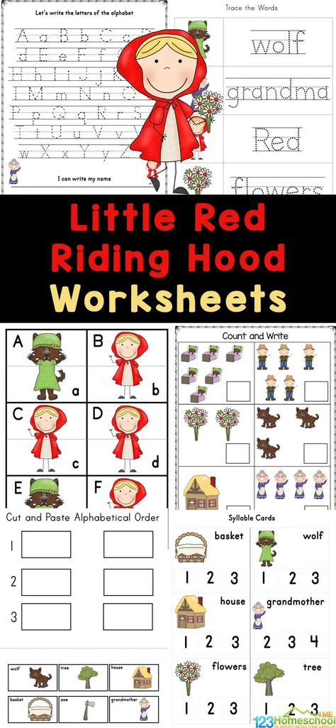 Have fun working on math and liteary with these free printable Little Red Riding Hood Worksheets. These Little red riding hood printables are perfect for kids in preschool, pre-k, kindergarten, and first graders.  In this pack of fairytale worksheet pages, children will be introduced this fairy tale while working on important skills. Simply print the kindergarten worksheets to learn fairy tales with a fun activity! Free Fairy Tale Printables, Red Riding Hood Worksheets, Fairy Tale Activities Preschool, Little Red Riding Hood Preschool, Little Red Riding Hood Craft, Little Red Riding Hood Activities, Fairy Tales Activities, Fairy Tale Math, Little Red Hen Activities