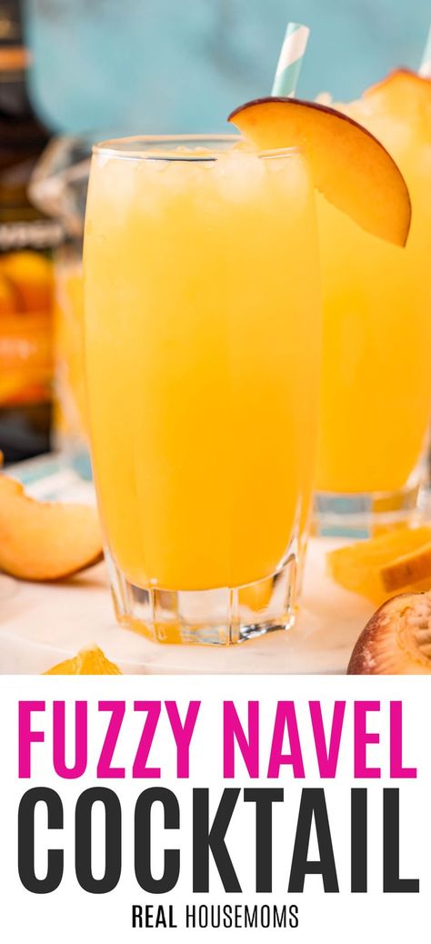 Made with a blend of sweet peach schnapps and orange juice, this Fuzzy Navel is sure to give you all those feel-good summertime vibes! #RealHousemoms #fuzzynavel #peach #cocktail #summer #orangejuice #peachschnapps Fuzzy Peach Cocktail, Peach Snapps Cocktails, Peach Snapps Drinks Recipes, Peach Schnapps Drinks Recipes, Peach Alcoholic Drink, Fuzzy Navel Drink, Peach Schnapps Drinks, Rum And Orange Juice, Drinks Alcohol Recipes Easy