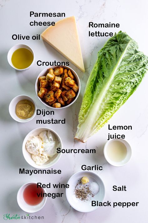 Vegetarian Caesar Salad - Shweta in the Kitchen Caesar Salad Vegetarian, Caesar Salad Ingredients, Spicy Caesar Salad, Vegetarian Caesar Salad, Ceased Salad Recipe, Ceasar Salad Recipe Healthy, Salad Dressing Ideas, Ceaser Salad Ideas, Cesar Salad Recipe