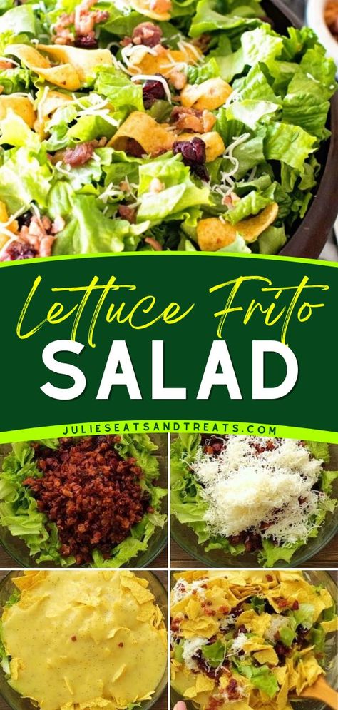 This Lettuce Frito Salad is one of the best bbq side dish recipes to serve to your guests! Layered with Frito corn chips, bacon, cranberries, and poppy seed dressing, it also makes an easy summer salad or 4th of July food idea! Frito Lettuce Salad, Corn Chip Salad Recipe, Frito Salad Recipes, California Salad Recipe, Coke Salad Recipe, Fritos Recipes, Salad With Fritos, Fritos Salad, Corn Chip Salad