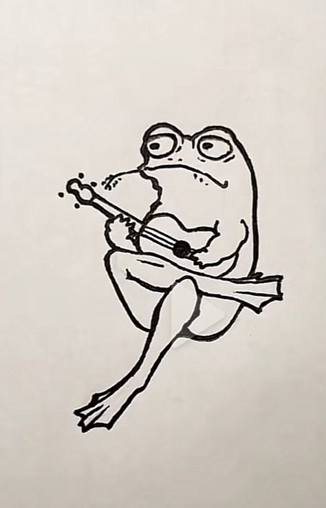 Frog Playing Banjo Drawing, Ukulele Tattoo, Frog Sketch, Guitar Drawing, Feather Tattoo Design, Frog Tattoos, Frog Drawing, Funny Tattoos, Cartoon Tattoos