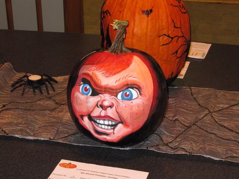 Halloween 2010: Chucky pumpkin Chucky Pumpkin Painting, Chucky Pumpkin, Halloween 2010, Creative Pumpkin Painting, Pumpkin Contest, Instagram Username Ideas, Creative Pumpkins, Pumpkin Ideas, Pumpkin Painting