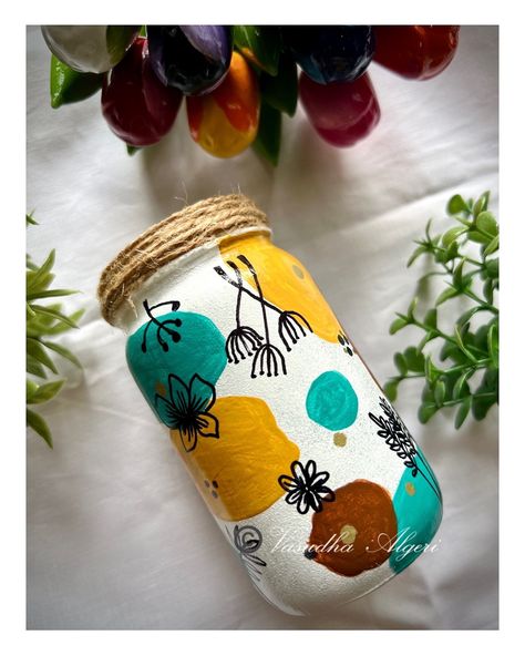 Boho Mini Jar art🫙🌿🖌️🌸 🌿 Acrylic paint & coated varnish for protection & enhancement. 🌿 Home decor / mini vase 🏺 🌿 Gifting ideas for him/her🎁 ⚜️DM to order/ customize #bohoart #bohostyle #art #bohodecor #boho #bohoartist #handmade #homedecor #bohemian #bohemianstyle #bohovibes #macrame #artist #artistsoninstagram #wallart #bohemianart #abstractart #artoftheday #bohohome #mandala #interiordesign #shopsmall #illustration #digitalart #painting #fiberart #bohochic #hippieart #minibottleart #g... Mini Jar Painting, Jar Painting, Pot Design, Jar Art, Mini Jars, Painted Jars, Gifting Ideas, Bohemian Art, Pot Designs