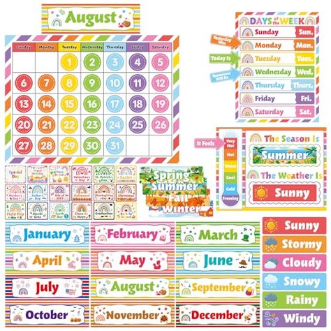 Rainbow Classroom Calendar Bulletin Board Set, Seasons Weather Days of the Week Chart with Velcro Dots Stickers for Colorful Classroom Decoration (Colorful) School Calendar Bulletin Board, Days Of The Week Chart, Preschool Weather Chart, Circle Time Board, Calendar Bulletin Boards, Preschool Weather, Today Is Monday, Colorful Classroom, Weather Chart