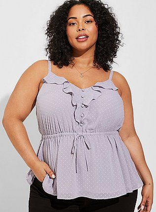 Chiffon Clip Dot Ruffle Tie Waist Tank, LILAC GRAY Lilac Gray, Floral Babydoll Top, Lilac Grey, Cold Shoulder Blouse, Flutter Sleeve Top, Lace Inset, Babydoll Top, Flowy Tops, Sheer Blouse