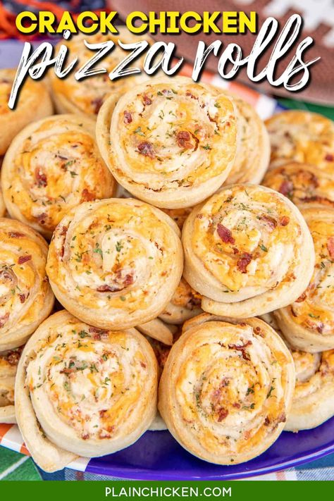 Crack Chicken Pizza Roll Recipe – We are obsessed with these cheesy bacon ranch rolls! Ranch seasoning, cream cheese, cheddar cheese, chicken, and bacon baked in pizza dough – I could eat the whole batch! Serve as an appetizer or main dish. The rolls taste great hot out of the oven or at room temperature. These cheesy pinwheels don’t last long! One bite and they are sure to become a family favorite. Pizza Roll Appetizer, Cheesy Pinwheels, Ranch Rolls, Awesome Sandwiches, Cream Cheese Sausage Balls, Football Friday, Chicken Pinwheels, Pizza Roll Recipe, Bread Puddings