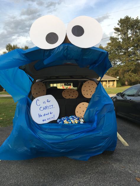 Church trunk or treat Cookie Monster Trunk Or Treat, Monster Trunk Or Treat, Church Trunk Or Treat, Church Trunk, Unstructured Play, Monster Car, Community Organizing, Trunk Or Treat, Proper Diet