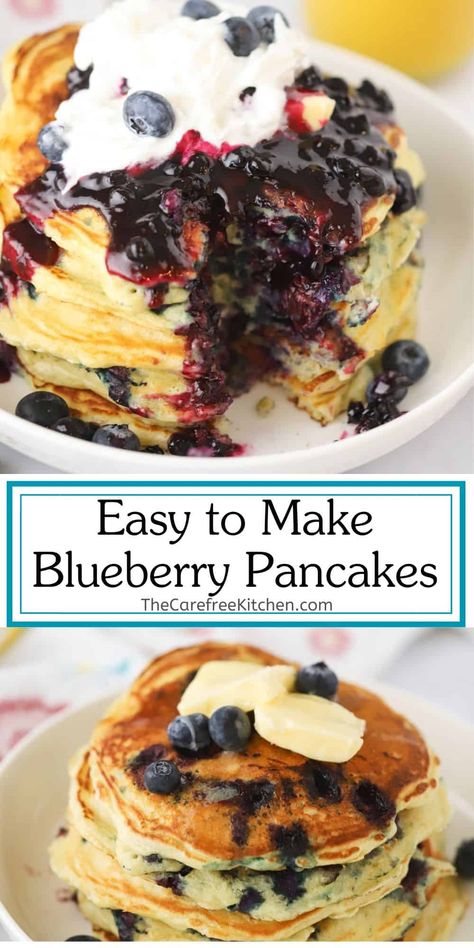 These light and fluffy Lemon Blueberry Pancakes are a great way to start the day and so easy to make. The pancake batter can even be made the night before and the cooked pancakes reheat great. #thecarefreekitchen #pancakes #lemonblueberry #blueberrypancakes #breakfast #brunch #buttermilkpancakes Blueberry Yogurt Pancakes, Pancake Blueberry, Breakfast Ideas Pancakes, Blueberry Pancakes Easy, Homemade Blueberry Pancakes, Best Pancakes Ever, Blueberry Protein Pancakes, Lemon Blueberry Pancakes, Blueberry Pancakes Recipe