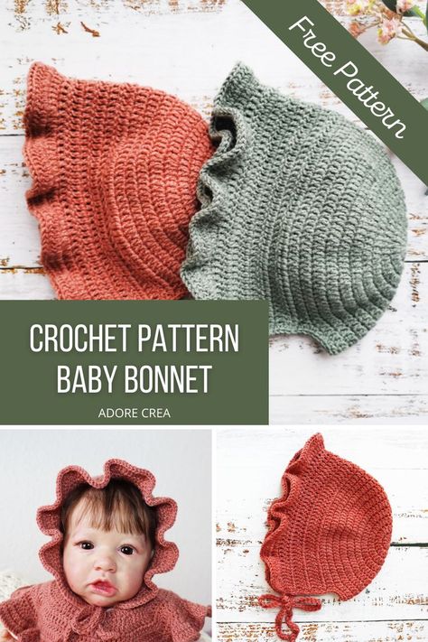 Free Crochet Pattern for cute ruffle crochet baby bonnet. The baby bonnet is made in soft baby merino, and it is very simple and easy to crochet. #crochetbabybonnet #crochetpatternforbaby #crochetbabyclothes #crochetforbaby #crochetbabyhat #crochetpatternforbeginners Baby Bonnet Pattern Free, Baby Bonnet Crochet Pattern, Baby Hat Free Pattern, Crochet Baby Cap, Baby Bonnet Pattern, Crochet Baby Projects, Crochet Newborn Hat, Crochet Baby Bonnet, Baby Headbands Crochet