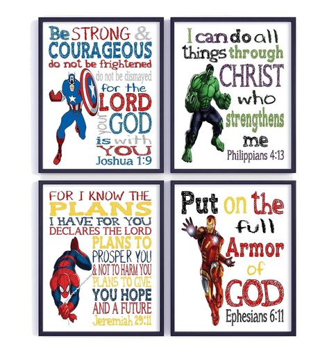 Superhero Christian Nursery Set of 4 Unframed Prints - Captain America, Hulk, Ironman and Spiderman with Bible Verses Ironman And Spiderman, Christian Tapestry, Sanctuary Decor, Christian Nursery Decor, Christian Nursery, Graphic Artist Designer, Nursery Decor Prints, Superhero Room, Christian School