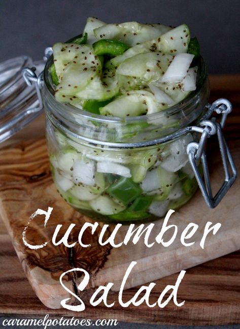 cucumber salad with onions and green peppers Simple Cucumber Salad, Green Salads, Slotted Spoon, Green Peppers, Cucumber Recipes, Sweet Tart, Green Pepper, Celery Seed, Kinds Of Salad