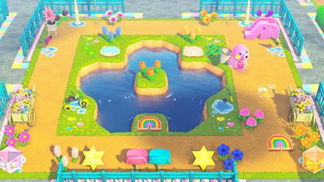 Acnh Rainbow Stall, Acnh Kidcore Campsite, Kidcore Ideas Acnh, Animal Crossing Build Ideas Kidcore, Acnh Space Fillers Kidcore, Acnh Kidcore Villagers, Star Pond Acnh, Pond Ideas Acnh, Kidcore Animal Crossing Builds