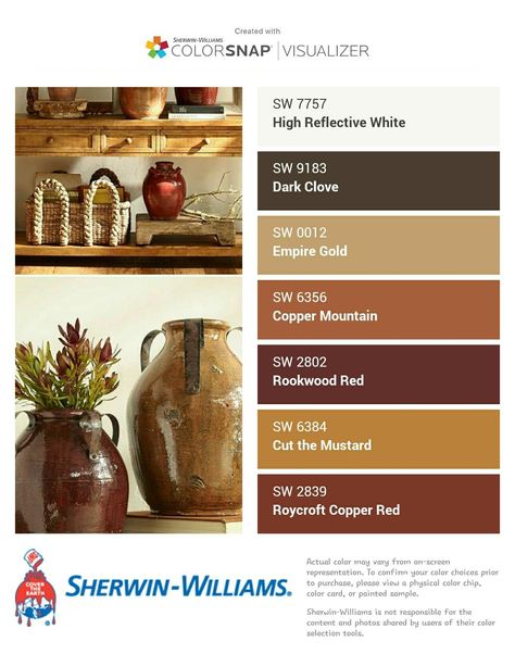 I just created this color palette with the Sherwin-Williams ColorSnap® Visualizer app on my Android phone. What do you think? You can learn more about ColorSnap Visualizer and get it on your phone free by visiting http://www.sherwin-williams.com/colorsnap. Sherwin Williams Copper Mountain, Sherwin Williams Rust Colors, Copper Mountain Sherwin Williams, Spiced Cider Sherwin Williams, Fireplace Flooring, Dutch Colonial Exterior, Paint Stairs, Foyer Colors, Gold Paint Colors