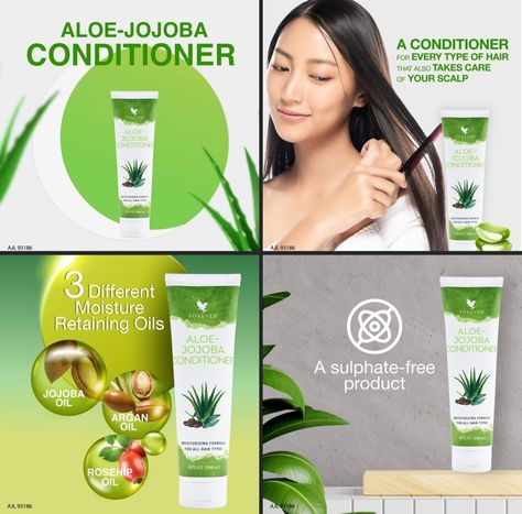 Tired of dry and damaged hair? 💆‍♀️ Why don't you give our Aloe-Jojoba Conditioner a try. Suitable for all hair types, it's a sulphate-free product that is formulated to moisturise your hair and keep your scalp clean. Try it now! Forever Bright Toothgel, Jojoba Shampoo, Forever Freedom, Aloe Lips, Forever Living Business, Forever Living Aloe Vera, Aloe Vera Hair Mask, Dry And Damaged Hair, Forever Products