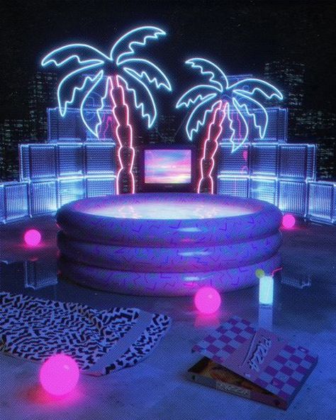 michael on Instagram: “summer in the city . . . #80sinspired #3dart #synthwaveart #retroart #neonaesthetic #vaporwaveart #dreamcore #poolcore #80sdesign…” House Pool Party, Miami Vice Party, Wine Glass Rings, Miami Vice Theme, Neon Palm Tree, Night Pool Party, Miami Party, Baby Clothes Brands, Orb Light