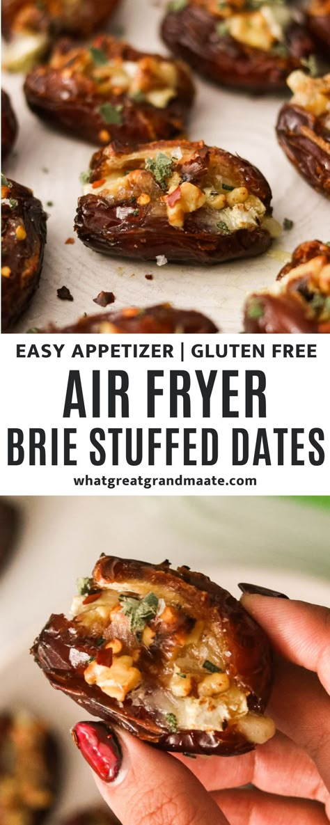 These simple, delicious, and easy brie-stuffed dates in the air fryer is the perfect appetizer for anytime of the year, but I love to serve them over the holidays! Packed with natural sweetness from Medjool dates and honey, as well as savory from creamy brie cheese and spices - I just love the balance of flavors in every scrumptious bite. High Fiber Appetizers, Date Hors D’oeuvres, Medjool Date Recipes Savory, Date Recipes Savory, Healthy Brie Recipes, Brie Stuffed Dates, Savory Stuffed Dates, Appetizers With Dates, Savory Date Recipes