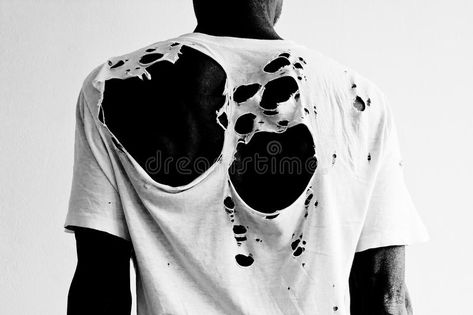 Back of a man wearing a torn white t-shirt. Back of a black man wearing a natura #Sponsored , #AD, #sponsored, #wearing, #black, #natura, #torn Zombie Clothes, Ripped Shirts, Ripped Tshirt, Damaged Clothes, Concept Clothing, Drawing Clothes, White Tshirt, Black Fabric, Clothing Patterns