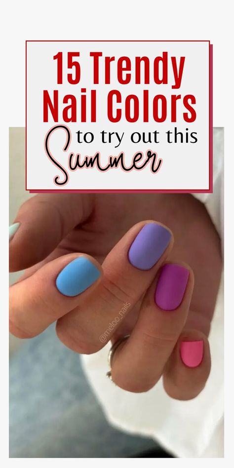 15 Trendy Nail Colors to Try Out This Summer: Stay on trend with these vibrant and fun nail polish shades that are perfect for the summertime. From bright corals and sunny yellows to cool aqua blues and tropical greens, there's a color for every mood and occasion. Whether you're lounging by the pool or hitting the beach, these trendy nail colors will add a pop of color to your summer look Bright Beach Nails Summer Colors, Nail Color Scheme Ideas, Bright Classy Summer Nails, Each Nail Different Color Shades, Summer Nails Different Colors, Blue Nails Summer 2024, Different Color Nails On Each Hand, Multi Colored Nails Summer, Summer Nail Colors 2024