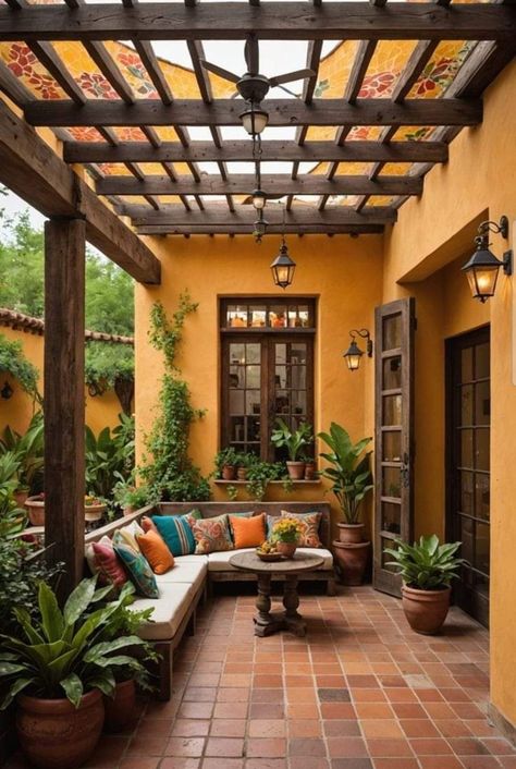 Mexico Patio Ideas, Mexican Tile House, Spanish Style Outdoor Patio Ideas, Desert Porch Ideas, Outdoor Spanish Patio, Italian Patio Ideas Backyards, Mexican Landscaping Ideas, Mexican Backyard Ideas, Outdoor Mexican Patio