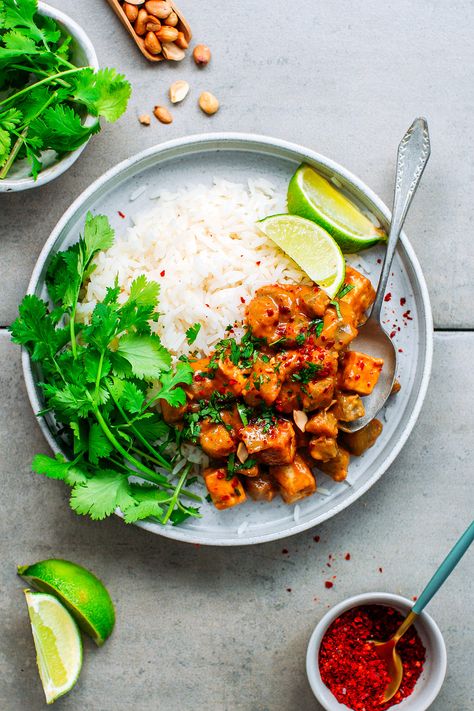 Sautéed tofu and eggplant cooked in a rich, creamy, and spicy satay peanut sauce! Delicious over steamed white rice! #vegan #tofu #plantbased Sautéed Tofu, Tofu And Eggplant, Eggplant Tofu, Tofu Protein, Peanut Satay Sauce, Sauteed Tofu, Teriyaki Tofu, Steamed White Rice, Crispy Shallots