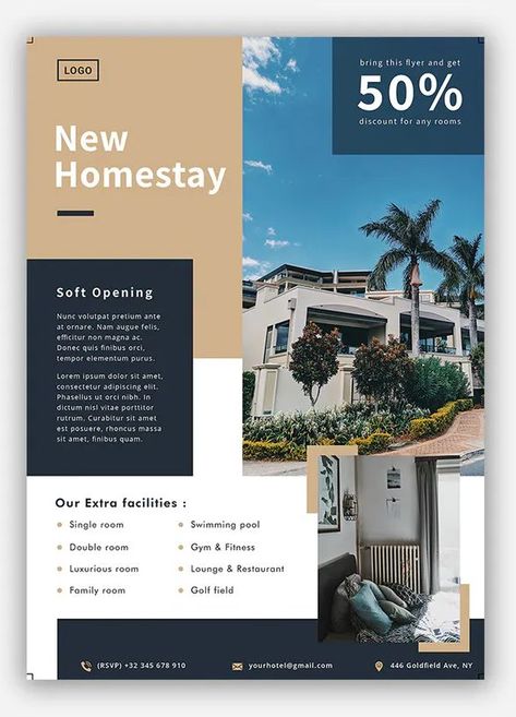 Homestay Flyer Template AI, EPS, PSD Business Banner Design, Banner Design Templates, Free Canva Templates, Aesthetic Post, Explore Aesthetic, Hotel Marketing, Types Of Social Media, Luxurious Room, Website Header