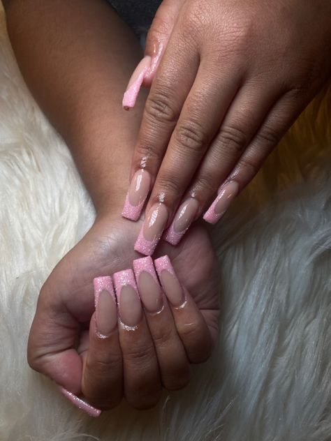 Pink French Nails Medium, Light Pink Glitter French Tip Nails, Pink French Tip Nails With Glitter, Pink Glitter Frenchies, Pink French Tip Nails Acrylics, Sparkly Pink French Tips, Pink Sparkle French Tip Nails, Pink Sparkly French Tip Nails, Baby Pink French Tip Nails