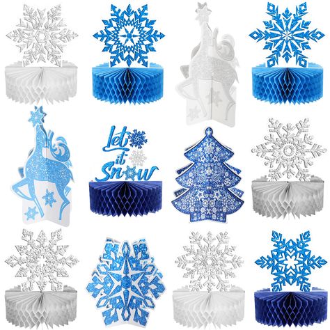 PRICES MAY VARY. Package Included: you'll get 12 pieces snowflake table centerpieces, including 8 pieces honeycomb table decorations and 4 pieces double printed and designed 3D standing cardboard decorations, sufficient quantity to fully satisfy your winter festival needs Reliable Material: these winter birthday honeycomb centerpieces are made of thick card paper, snowflake centerpieces are sturdy, not easy to fade or deform, and are safe to use for your delightful party experience Various Desig Winter Wonderland Decorations Party, Birthday Table Centerpieces, Winter Wonderland Party Decorations, Frozen Centerpieces, Cardboard Decorations, Winter Wonderland-party, Kids Party Centerpieces, Snowflake Birthday Party, Honeycomb Table