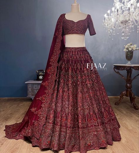 Indian Bride Maroon Lehenga, Mehroon Wedding Lehnga, Maroon Lehenga Brides, Mehroon Bridal Lehngas, Red Wine Lehenga Bridal, Maroon Colour Lehenga Bridal, Mehroon Lehenga, Engagement Lehengas, Mehndi Lehenga