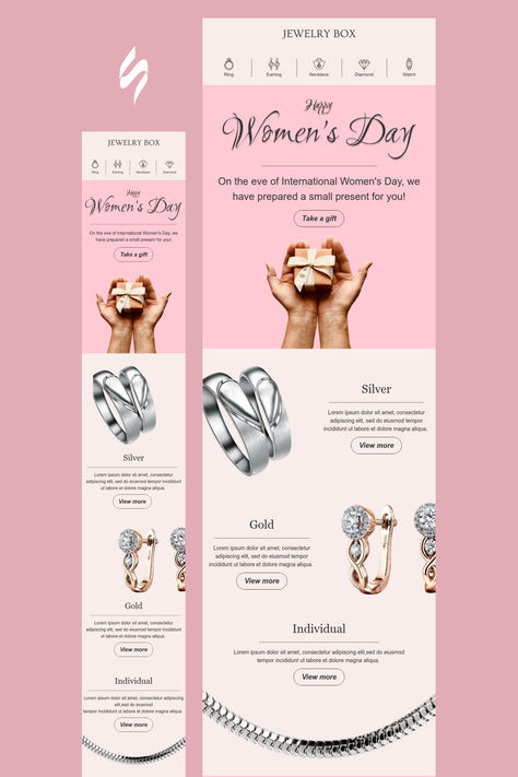 Women's Day Email Template "Jewelry box" for Jewelry industry. Create eye-catching templates that leave a lasting impact.🌠🌟 Follow us on Pinterest for design and marketing hacks! 📈💌   #womensday #stripoemail #emailtips #emailnewsletter #emailtemplate #emaildesign #emailmarketing #emaildesignlayout Mailer Design Templates Email Marketing, Newsletter Design Jewelry, Newsletter Jewellery Email Design, Email Letter Design, Jewelry Email Marketing Design, Email Layout Design Inspiration, Modern Email Design, Jewelry Email Design, Email Marketing Design Newsletter Templates