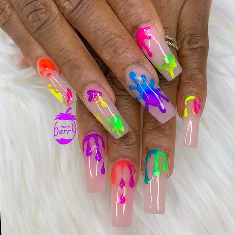 Rainbow Drip Nails, Paint Drip Nail Design, Drip Nail Art Short Nails, Dripping Paint Nail Art, Neon Green Drip Nails, Acrylic Nails Coffin Short, Acrylic Nails Coffin, Neon Colors, Coffin Nails