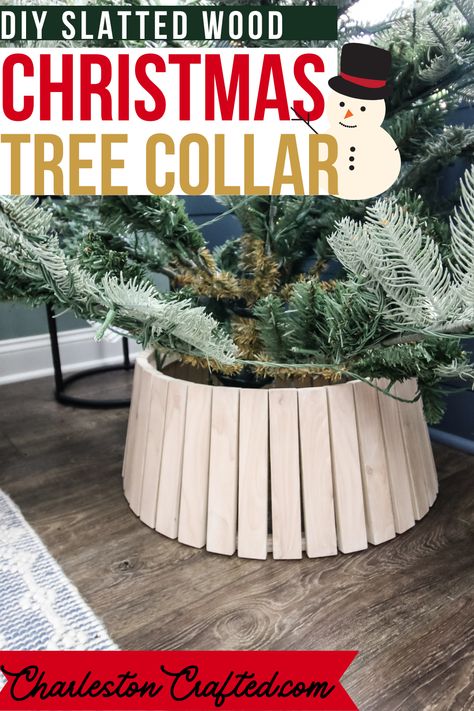 How to build a DIY slatted wood christmas tree collar, step by step tutorial and plans Diy Tree Box Collar, Wood Tree Collar Diy, Christmas Tree Box Stand Diy, Christmas Tree Base Ideas Diy, Wood Christmas Tree Collar, Wood Tree Collar, Wooden Tree Collar, Ornaments To Make And Sell, Christmas Tree Box Stand