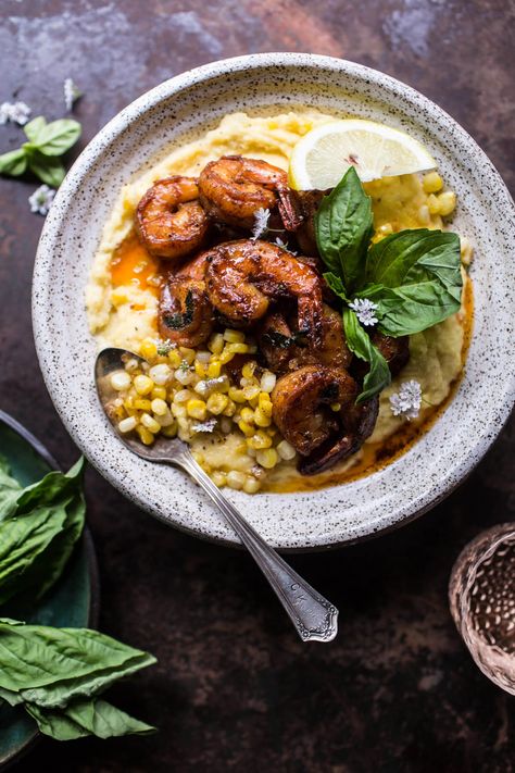 Cajun Garlic Lemon Butter Shrimp with Caramelized Corn Polenta. Polenta Parmesan, Corn Polenta, Lemon Butter Shrimp, Grill Dinner, Instant Polenta, Butter Prawn, Vegan Shrimp, Meat Grill, Polenta Recipe