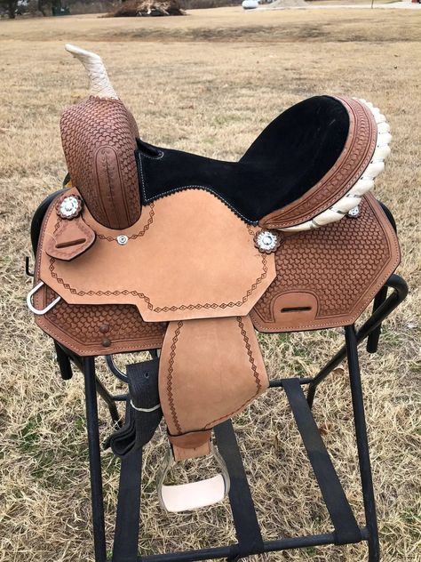 Description NewenglandTack is a family-owned business that gives us an advantage in successfully meeting the Quality and Cost requirements of a product. This product is being offered at a very convenient price as we are new in the process of making new friends here. This particular Saddle is super famous among our buyers due to its PREMIUM Quality, so buy it with confidence. Main Characteristics of Saddle: · 100% Leather · Natural color · Features Basket Weaving. Silver Conchos · Suede Seat · In Barrel Racing Tack Rodeo, Kids Saddle, Barrel Racing Saddles, Western Horse Saddles, Saddle Pads English, Western Saddle Pads, Barrel Racing Tack, Barrel Racing Horses, Barrel Saddle