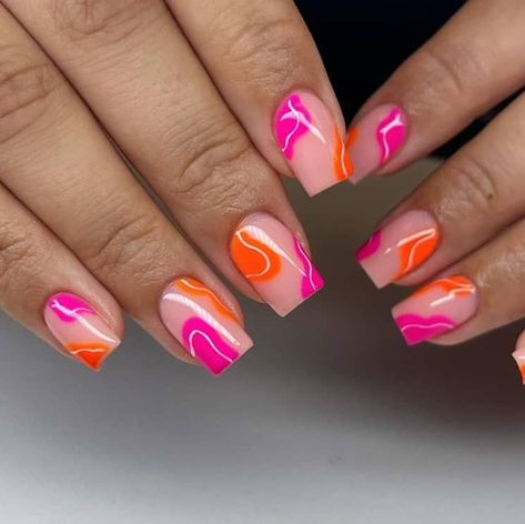 Orange Pink And White Nails, Pink And Orange Nail Art, Orange And Pink Nail Designs, Hot Pink And Orange Nails, Pink And Orange Nail, Hoilday Nails, Pink And Orange Nails, Nail Designs Hot Pink, Biab Nail