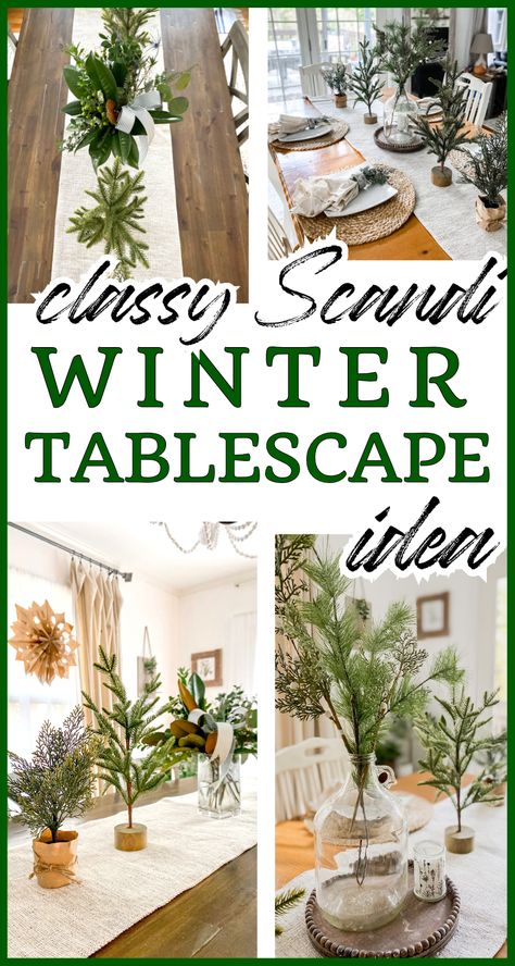 If you like farmhouse style decor with a leaning toward rustic Scandinavians aesthetics, here is a winter tablescape idea you'll enjoy! Simple, minimalist, with all many nature touches! Perfect scaled back winter decorations for your table that are budget-friendly, with a clean look for after Christmas! Winter Table Top Decor, Kitchen Table Winter Decor, Winter Decor Coffee Table, Winter Table Decor Ideas, Winter Dining Table Centerpiece, Winter Centerpiece Ideas, Rustic Table Decor For Home, Winter Kitchen Table Decor, Winter Table Centerpieces For Home