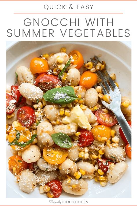 This Quick & Easy Gnocchi with Vegetables can be ready in 15 minutes. Perfect for busy weeknights, the buttery corn and tomato sauce takes store bought gnocchi to the next level. Gnocchi With Vegetables Recipes, Gnocchi Salad Recipes, Summer Gnocchi Recipes, Mini Gnocchi Recipes, Quick Simple Pasta, Gnocchi With Vegetables, Summer Gnocchi, White Wine Lemon Sauce, Using Cherry Tomatoes