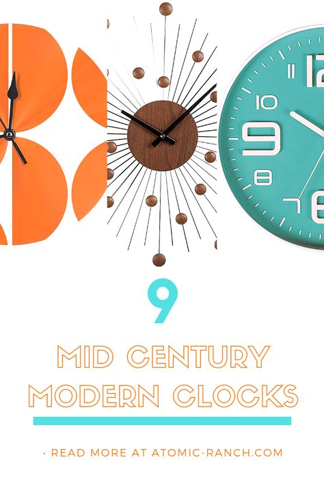 Mid century clocks to add modern style in no time. atomic-ranch.com #midcenturymodern #clocks #modernstyle Mid Century Modern Clock, Cozy Mid Century Modern Living Room, Mid Century Modern Clocks, Diy Mid Century Modern, Atomic Wall Clock, Mid Century Modern Wall Clock, Modern Wall Clocks, 1960s Christmas, Sunburst Clock