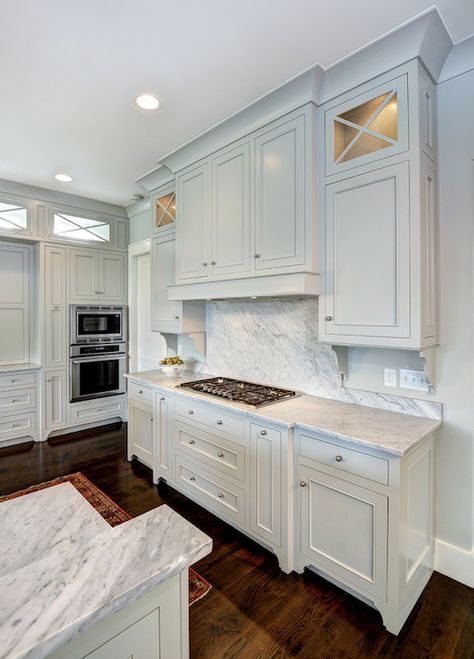 Gray Owl by Benjamin Moore on cabinets and wall.  Love it and it looks gorgeous with the marble. Studio Mcgee Kitchen Island, Studio Mcgee Paint Colors, Gray Owl Paint, Guest Studio, Studio Mcgee Kitchen, Grey Painted Kitchen, Benjamin Moore Grey Owl, Light Grey Kitchen Cabinets, The Mcgee Home