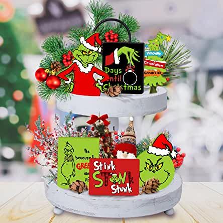 Grinch Tiered Tray Decor, Grinch Tiered Tray Ideas, Christmas House Decorations Indoor, Grinch Ideas, Tiered Tray Decorations, Stink Stank Stunk, Tray Decor Christmas, Christmas Tiered Tray, Christmas Wooden Signs