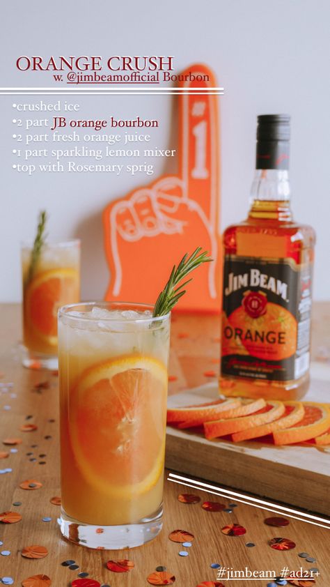 Jim Beam | Jim Beam Highball | Jim Beam cocktail | instagram partnerships | Jim Beam cocktail recipes | Bourbon cocktail ideas | bourbon cocktails | bourbon orange crush | gameday ready | jim beam pregame Jim Beam Orange Recipes, Jim Beam Cocktails, Jim Beam Drinks, Cocktail Recipes Bourbon, Liquid Recipes, Alcohol Beverages, Instagram Campaigns, Peach Drinks, Bourbon Cocktail