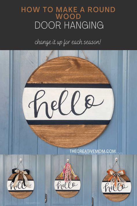 How To Hang Circle Wood Signs, Diy Hanging Wooden Signs, Diy Round Sign Front Doors, How To Make A Wood Door Hanger, Round Porch Signs Diy, How To Hang Wooden Door Hangers, How To Make Wood Door Hangers, How To Hang Door Hangers, How To Hang Round Wood Sign