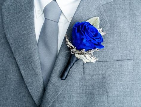 Royal blue rose boutonniere, Grooms flowers, silver gray dusty miller greenery, real preserved flowe Blue Rose Boutonniere, Royal Blue Bouquet, Roleplay Outfits, Royal Blue Wedding Theme, Blue Boutonniere, Rose Boutonniere, Corsage And Boutonniere, Royal Blue Wedding, Winter Wedding Flowers