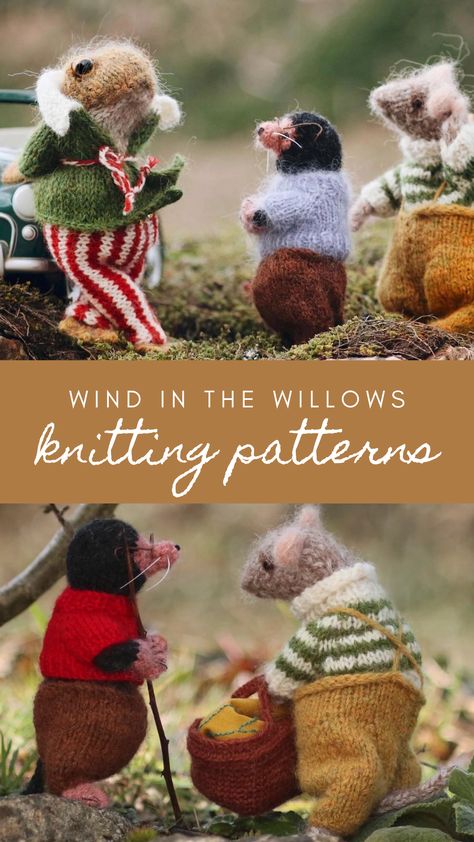 wind in the willows characters to knit - patterns by claire garland aka dot pebbles knits available to buy as PDF downloads including Moley, Mr Badger, Ratty and Mr Toad Knitted Woodland Animals Free Patterns, Beginner Knit Animals, Toad Wind In The Willows, Claire Garland Knitting, Badger Knitting Pattern, Handmade Stuffed Animals Pattern, Dot Pebbles Knits, Free Knit Toy Patterns, Knitted Plushies Patterns