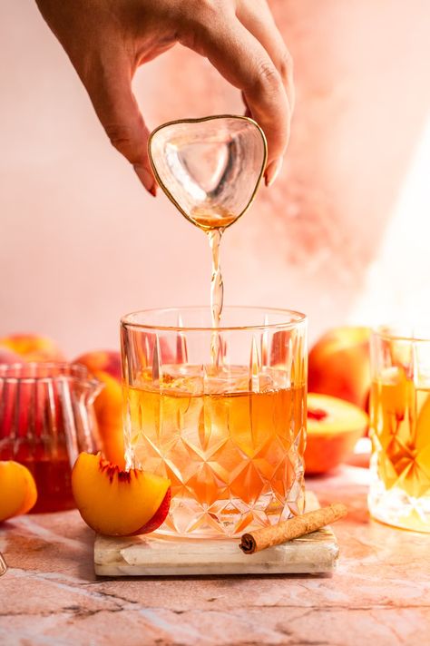 1 Cream Puff Dessert, Peach Drink, Drink Garnish, Peach Bourbon, Puff Dessert, Cinnamon Simple Syrup, Peach Drinks, Pineapple Mint, Drink Garnishing