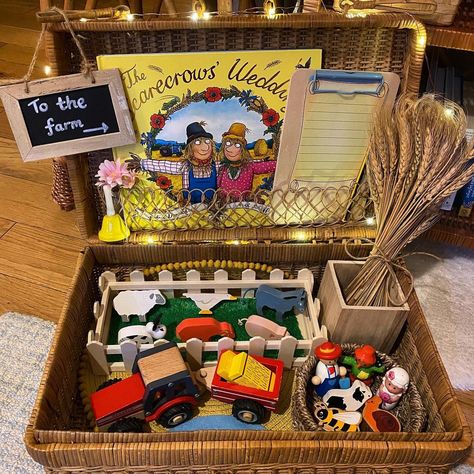 The Scarecrows Wedding Activities Eyfs, Scarecrows Wedding Eyfs Activities, Story Shelves, The Scarecrows Wedding, Suitcase Display, Literacy Bags, Story Retelling, Reception Classroom, Book Play